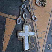 Antique French Sterling & Gold Engraved Flaming Sacred Heart Nun's Cross Necklace with Faceted Oval Bezel Set Crystals and Antique Link Chain
