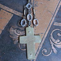 Antique French Sterling & Gold Engraved Flaming Sacred Heart Nun's Cross Necklace with Faceted Oval Bezel Set Crystals and Antique Link Chain