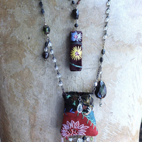 The Past Necklace Set with Antique Crazy Quilt Textile Pouch & Needle Holder, Antique Rosary Fragments,Faceted Garnet & More!