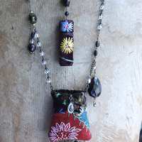 The Past Necklace Set with Antique Crazy Quilt Textile Pouch & Needle Holder, Antique Rosary Fragments,Faceted Garnet & More!