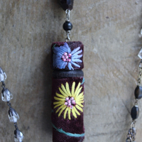 The Past Necklace Set with Antique Crazy Quilt Textile Pouch & Needle Holder, Antique Rosary Fragments,Faceted Garnet & More!