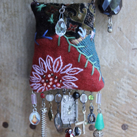 The Past Necklace Set with Antique Crazy Quilt Textile Pouch & Needle Holder, Antique Rosary Fragments,Faceted Garnet & More!
