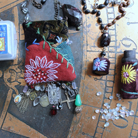 The Past Necklace Set with Antique Crazy Quilt Textile Pouch & Needle Holder, Antique Rosary Fragments,Faceted Garnet & More!