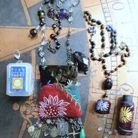 The Past Necklace Set with Antique Crazy Quilt Textile Pouch & Needle Holder, Antique Rosary Fragments,Faceted Garnet & More!