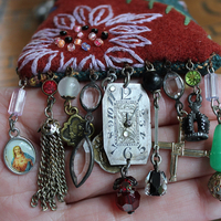 The Past Necklace Set with Antique Crazy Quilt Textile Pouch & Needle Holder, Antique Rosary Fragments,Faceted Garnet & More!