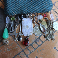 The Past Necklace Set with Antique Crazy Quilt Textile Pouch & Needle Holder, Antique Rosary Fragments,Faceted Garnet & More!