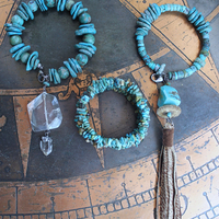 Set of Three Turquoise Stacking Bracelets with Faceted Clear Rock Quartz Drops, Unique Faceted Turquoise Stone, Leather Tassel