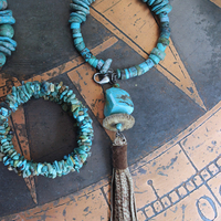 Set of Three Turquoise Stacking Bracelets with Faceted Clear Rock Quartz Drops, Unique Faceted Turquoise Stone, Leather Tassel