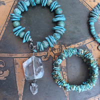 Set of Three Turquoise Stacking Bracelets with Faceted Clear Rock Quartz Drops, Unique Faceted Turquoise Stone, Leather Tassel