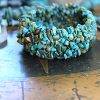 Set of Three Turquoise Stacking Bracelets with Faceted Clear Rock Quartz Drops, Unique Faceted Turquoise Stone, Leather Tassel