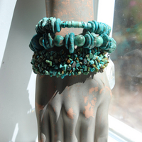 Set of Three Turquoise Stacking Bracelets with Faceted Clear Rock Quartz Drops, Unique Faceted Turquoise Stone, Leather Tassel