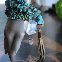 Set of Three Turquoise Stacking Bracelets with Faceted Clear Rock Quartz Drops, Unique Faceted Turquoise Stone, Leather Tassel