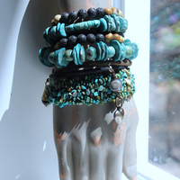 Set of Three Turquoise Stacking Bracelets with Faceted Clear Rock Quartz Drops, Unique Faceted Turquoise Stone, Leather Tassel
