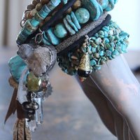 Set of Three Turquoise Stacking Bracelets with Faceted Clear Rock Quartz Drops, Unique Faceted Turquoise Stone, Leather Tassel