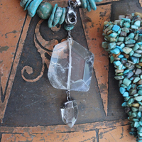Set of Three Turquoise Stacking Bracelets with Faceted Clear Rock Quartz Drops, Unique Faceted Turquoise Stone, Leather Tassel