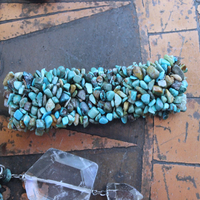 Set of Three Turquoise Stacking Bracelets with Faceted Clear Rock Quartz Drops, Unique Faceted Turquoise Stone, Leather Tassel