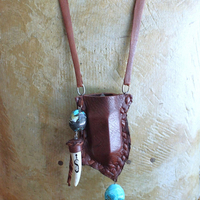 A Cage Necklace with Custom Leather Pouch, OOAK Double Terminated Clear Rock Quartz,Bisbee Turquoise and Leather Capped Elk Antler Tip