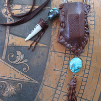 A Cage Necklace with Custom Leather Pouch, OOAK Double Terminated Clear Rock Quartz,Bisbee Turquoise and Leather Capped Elk Antler Tip