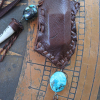 A Cage Necklace with Custom Leather Pouch, OOAK Double Terminated Clear Rock Quartz,Bisbee Turquoise and Leather Capped Elk Antler Tip