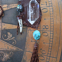 A Cage Necklace with Custom Leather Pouch, OOAK Double Terminated Clear Rock Quartz,Bisbee Turquoise and Leather Capped Elk Antler Tip
