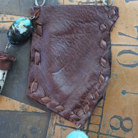 A Cage Necklace with Custom Leather Pouch, OOAK Double Terminated Clear Rock Quartz,Bisbee Turquoise and Leather Capped Elk Antler Tip
