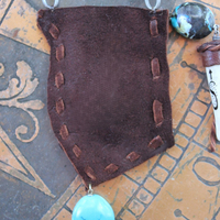 A Cage Necklace with Custom Leather Pouch, OOAK Double Terminated Clear Rock Quartz,Bisbee Turquoise and Leather Capped Elk Antler Tip