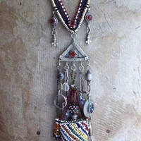 A Tale of Love Necklace with Antique Beaded Glass Vessel,Antique Sterling Snake Ring,Sterling Engraved The Chariot Tarot Card & More!