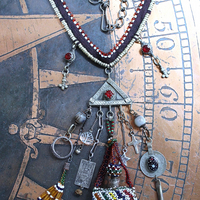 A Tale of Love Necklace with Antique Beaded Glass Vessel,Antique Sterling Snake Ring,Sterling Engraved The Chariot Tarot Card & More!