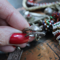 A Tale of Love Necklace with Antique Beaded Glass Vessel,Antique Sterling Snake Ring,Sterling Engraved The Chariot Tarot Card & More!