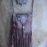 Unusual Leather Pouch Necklace with Rare 1907 IOOF Medal Set, OOAK Multi Terminated Clear Rock Quartz Crystal Point,Vintage Chain Tassel and Link Chains