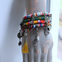 Set of 5 Woven Serape Textile & Sterling Stacking Bracelets with Multiple Drops & Dangles - lots of Sterling & Unique Pieces!