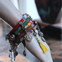 Set of 5 Woven Serape Textile & Sterling Stacking Bracelets with Multiple Drops & Dangles - lots of Sterling & Unique Pieces!