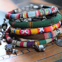 Set of 5 Woven Serape Textile & Sterling Stacking Bracelets with Multiple Drops & Dangles - lots of Sterling & Unique Pieces!