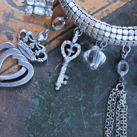 Power of Love Bangle Bracelet with Unique Silver Mesh,19 Vintage & Antique Dangles, Antique Faceted Crystal Bead Drops