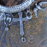 Power of Love Bangle Bracelet with Unique Silver Mesh,19 Vintage & Antique Dangles, Antique Faceted Crystal Bead Drops