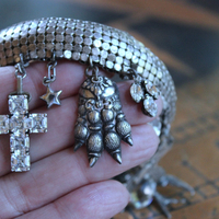 Power of Love Bangle Bracelet with Unique Silver Mesh,19 Vintage & Antique Dangles, Antique Faceted Crystal Bead Drops