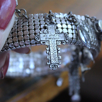 Power of Love Bangle Bracelet with Unique Silver Mesh,19 Vintage & Antique Dangles, Antique Faceted Crystal Bead Drops