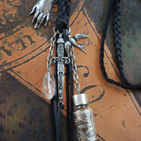 The Wound Necklace w/Long Soft Braided Suede Leather,Antique Sterling Oil/Prayer Vessel,Figural Hand,Bird,Sword + Faceted Rock Crystal