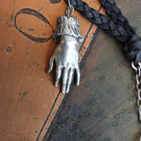 The Wound Necklace w/Long Soft Braided Suede Leather,Antique Sterling Oil/Prayer Vessel,Figural Hand,Bird,Sword + Faceted Rock Crystal