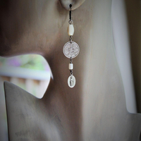 Antique Mercury Dime Love Token Earrings w/Antique French Marian Medals,Antique French Mother of Pearl Rosary Beads,Sterling Earring Wires