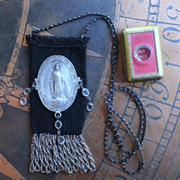 Antique Faceted Cut Steel Bead Blessing Bag Necklace with RARE Antique 1901 Bryce & Son Miniature Old & New Testament Bible w/Magnifying Case