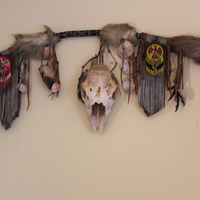 Authentic Native American Animal Spirit Wall Piece with Ram Skull,Jaw,Horn and Hoof, Beaded Findings, Shells, Leather and Carved Wood