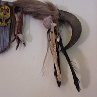 Authentic Native American Animal Spirit Wall Piece with Ram Skull,Jaw,Horn and Hoof, Beaded Findings, Shells, Leather and Carved Wood