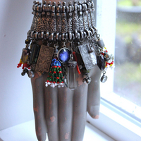 Fully Loaded Antique Kuchi Gypsy Silver Bracelet w/Sterling Engraved The Sun & The Moon Tarot Charms, Sterling capped Clear Quartz Point,Green Tourmaline Gemstone & Much More!