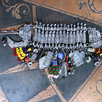 Fully Loaded Antique Kuchi Gypsy Silver Bracelet w/Sterling Engraved The Sun & The Moon Tarot Charms, Sterling capped Clear Quartz Point,Green Tourmaline Gemstone & Much More!