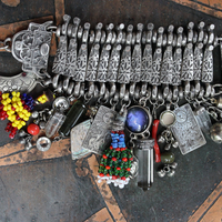 Fully Loaded Antique Kuchi Gypsy Silver Bracelet w/Sterling Engraved The Sun & The Moon Tarot Charms, Sterling capped Clear Quartz Point,Green Tourmaline Gemstone & Much More!