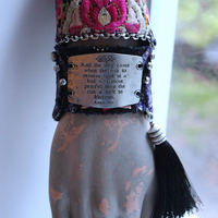 And the Day Came Bracelet Set with Antique Embroidered Hmong Textile, Engraved Metal Plate, Silk Tassel & Silver Beads
