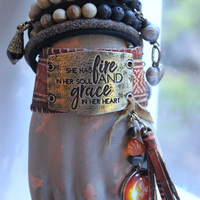 Fire in Her Soul Bracelet with Antique Hand Carved Leather Cuff,Engraved Metal Finding,Leather Tassel,Solar Eclipse Dangle,Carved Carnelian & More!