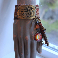 Fire in Her Soul Bracelet with Antique Hand Carved Leather Cuff,Engraved Metal Finding,Leather Tassel,Solar Eclipse Dangle,Carved Carnelian & More!