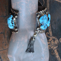 Gorgeous Sterling & Gold Bisbee Turquoise Signed Cuff Bracelet with Sterling Tassel & 14K Bead